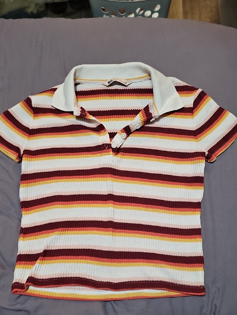 SO Striped Short Sleeve Polo Tee in White, Burgundy, Yellow